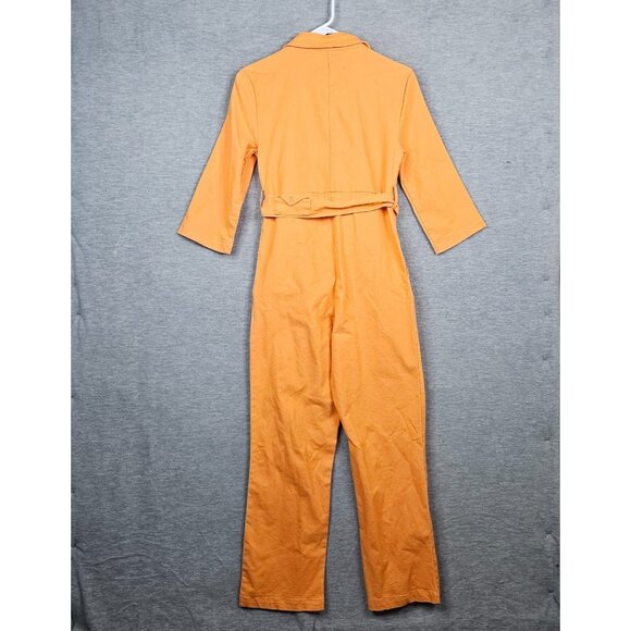 House Of Sunny Orange Belted Button Up Jumpsuit With Collar 3/4 Sleeves Size 4 - Picture 2 of 13
